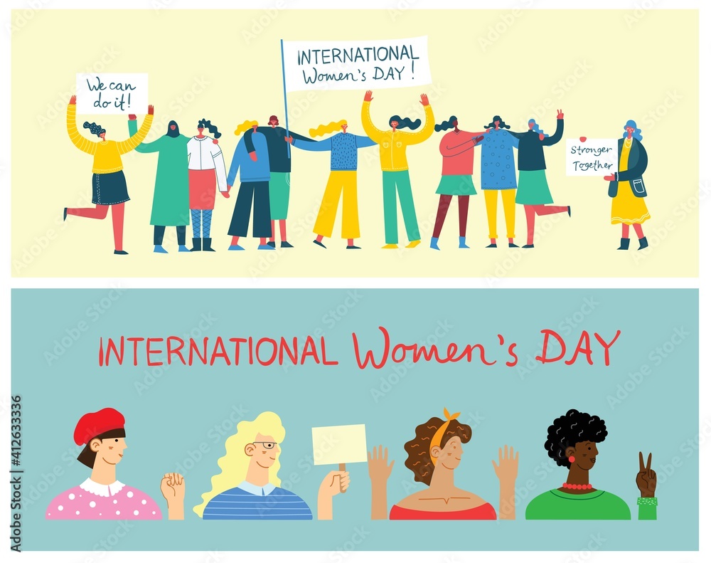 Diverse international and interracial group of standing women. For girls power concept, feminine and feminism ideas. Vector illustration. Diverse international and interracial group of standing women. For girls power concept, feminine and feminism ideas. Vector illustration.