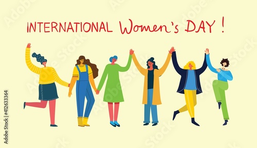 Diverse international and interracial group of standing women. For girls power concept  feminine and feminism ideas. Vector illustration.