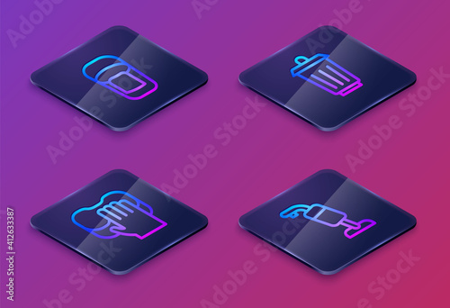 Set Isometric line Bucket with rag, Cleaning service, Trash can and Vacuum cleaner. Blue square button. Vector.