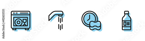 Set line Washing dishes, Dishwasher machine, Shower head and Bottle for cleaning agent icon. Vector.