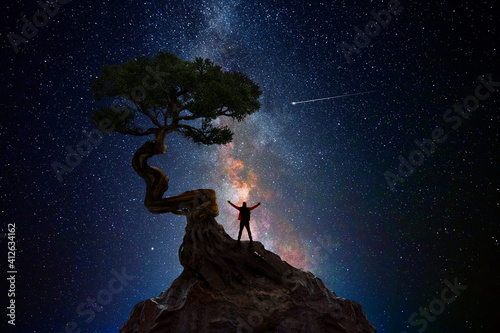 фотография Man under a tree in front of the universe