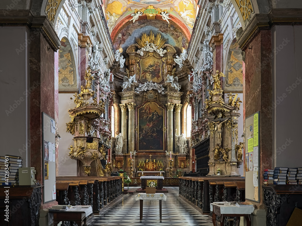 Interior of Church of the Assumption of the Virgin Mary, also known as Jesuit Church, in Brno, Czech Republic. The church was built in 1598-1602 and modified in the 17th and 18th centuries.