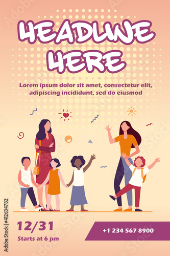 Classmates meeting at school. Mom leading son, group of school children with teacher flat vector illustration. Childhood, back to school concept for banner, website design or landing web page