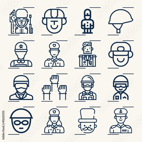 Simple set of military man related lineal icons.