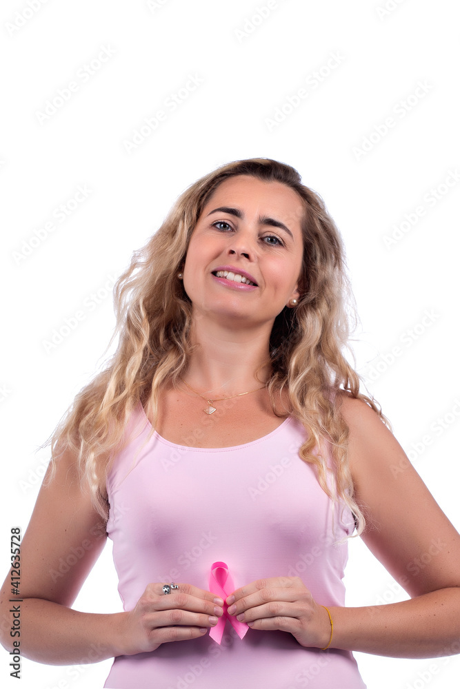 Caucasian girl holding breast cancer ribbon Caucasian girl holding breast cancer ribbon