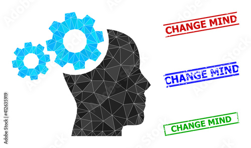 Triangle mind gears polygonal icon illustration, and grunge simple Change Mind stamp seals. Mind Gears icon is filled with triangles. Simple seals uses lines, rects in red, blue, green colors.