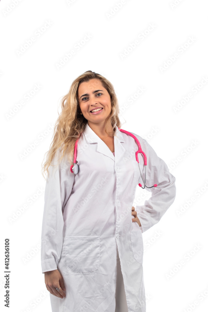 Caucasian doctor woman with pink stethoscope Caucasian doctor woman with pink stethoscope