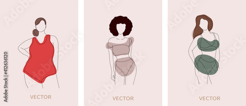 Vector set of women in line art style with abstract shapes