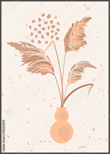 Vector pampas grass panicles botanical wall art. Abstract vase and plants home decor. Mid Century Modern aesthetics. Gentle neutral warm colors. Contemporary design collage