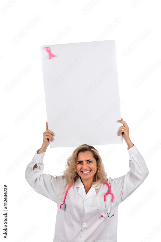 Caucasian doctor woman with pink stethoscope holding card Caucasian doctor woman with pink stethoscope holding card