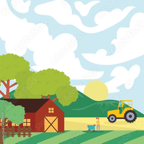 Fototapeta Naklejka Na Ścianę i Meble -  Farm with trees tractor and farmer vector design