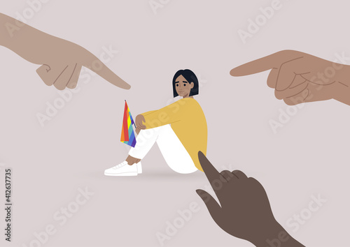 Fingers pointing at an lgbtq person, homophobia problem, cruel intolerant society photo