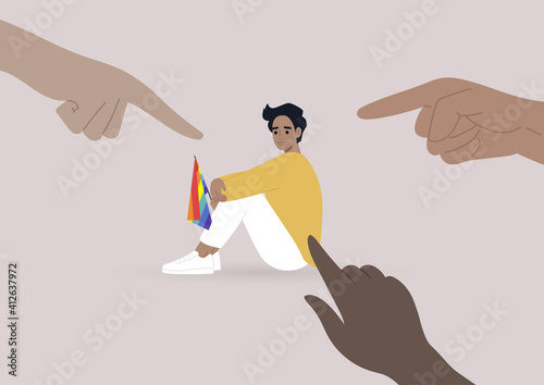 Fingers pointing at an LGBTQ person, homophobia problem, cruel intolerant society photo