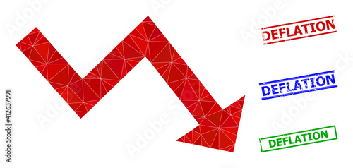 Triangle recession arrow polygonal icon illustration, and grunge simple Deflation stamp prints. Recession Arrow icon is filled with triangles. Simple stamp seals uses lines, rects in red, blue,