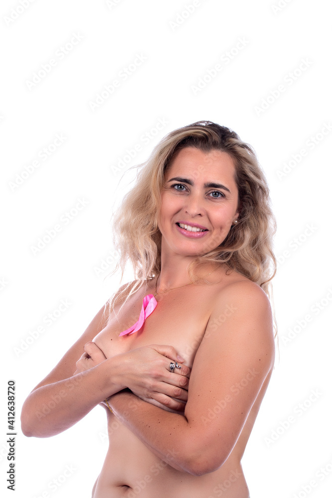 woman covering breasts with hands with pink ribbon woman covering breasts with hands with pink ribbon