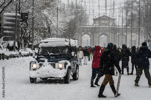 Cityscape of the streets of Madrid during The Snow Storm 