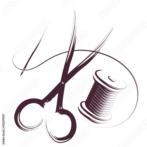Needle spool of thread and scissors silhouette for tailor