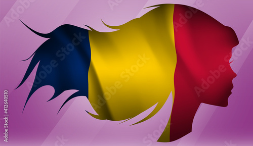 Vector beautiful woman portrait silhouette with long flowing hair in national flag of Chad on pink background