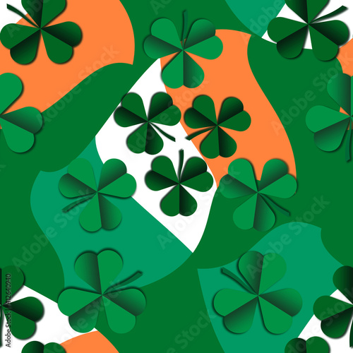 Seamless raster pattern for St. Patrick's Day. Green leaves of a clover in paper cut style on a green background with the Irish flag.