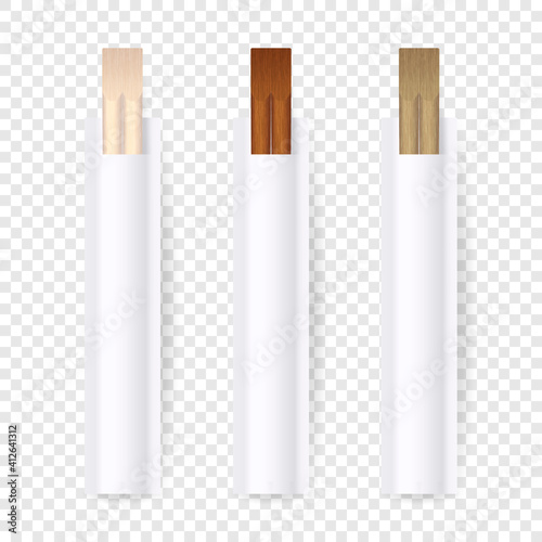 Vector 3d Realistic Wooden Chopsticks, White Blank Package Set Closeup Isolated on Transparent Background. Design Template of Food Sticks, Traditional Asian Dinnerware, Mockup. Top View