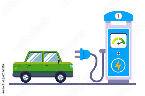 green electric car is charging at the station. flat vector illustration isolated on white background
