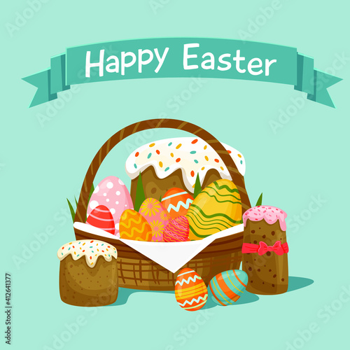 Happy Easter greeting card with basket of eggs and Easter cakes. Cartoon vector illustration. 
