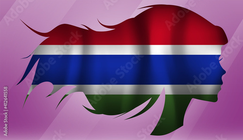 Vector beautiful woman portrait silhouette with long flowing hair in national flag of Gambia on pink background