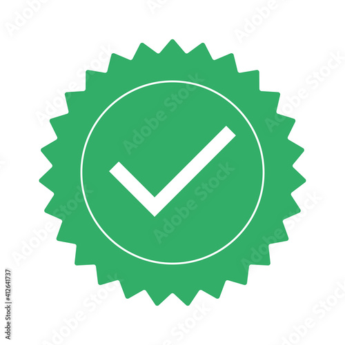 Checkmark vector icon in star badge. Symbol of approval.