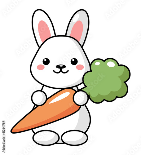 Little cute kawaii Easter bunny with carrot. Beautiful Kawaii vector illustration for greeting card, poster, sticker.