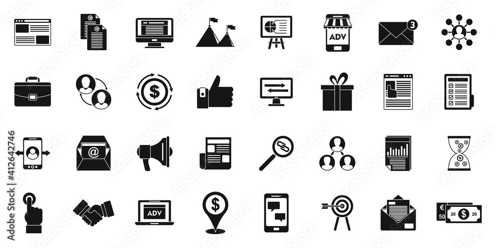 Social affiliate marketing icons set. Simple set of social affiliate marketing vector icons for web design on white background