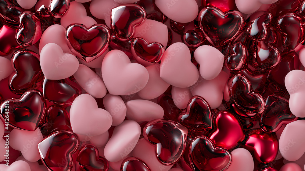 Multicolored Heart background. Valentine Wallpaper with Pink, Red Glass and  Red Metallic love hearts. 3D Render Stock Illustration | Adobe Stock
