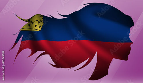 Vector beautiful woman portrait silhouette with long flowing hair in national flag of Liechtenstein on pink background