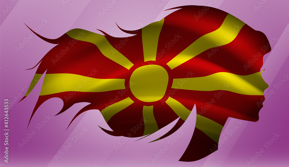 Vector beautiful woman portrait silhouette with long flowing hair in national flag of Macedonia on pink background