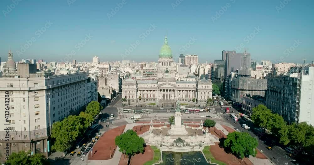 Aerial Drone Scene of Congress of the Argentine Nation. Crongress Square. City Landscape, Historic Building. City Traffic.Buenos aires-Argentina. Aerial Drone Scene of Congress of the Argentine Nation. Crongress Square. City Landscape, Historic Building. City Traffic.Buenos aires-Argentina.
