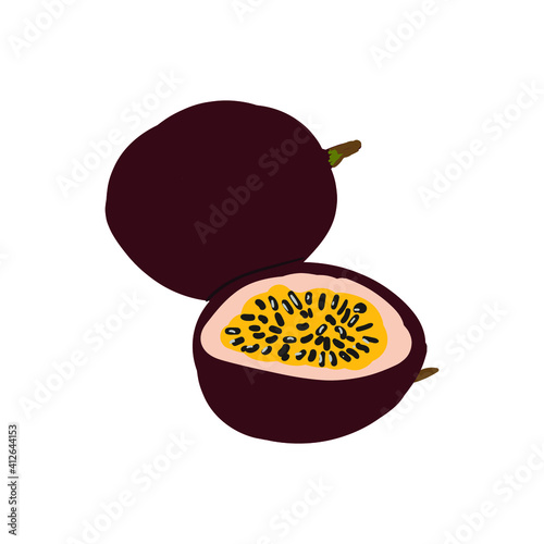 Exotic passion fruit. Summer fruits, whole fruits and half. Vector illustration cartoon flat icon isolated on white background.