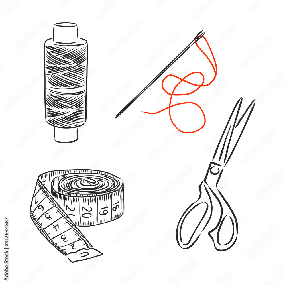 sewing kit doodle, sewing tools vector sketch illustration Stock Vector