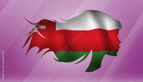 Vector beautiful woman portrait silhouette with long flowing hair in national flag of Oman on pink background