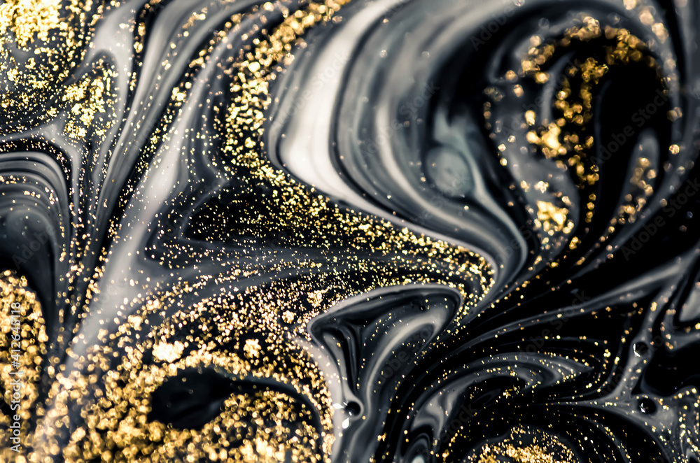 Obraz premium Golden Night. Treasury of art. Swirls of marble. Painting aesthetically mesmerizing. Abstract fantasia with golden powder. Extra special and luxurious- ORIENTAL ART. Ripples of agate. Natural luxury.