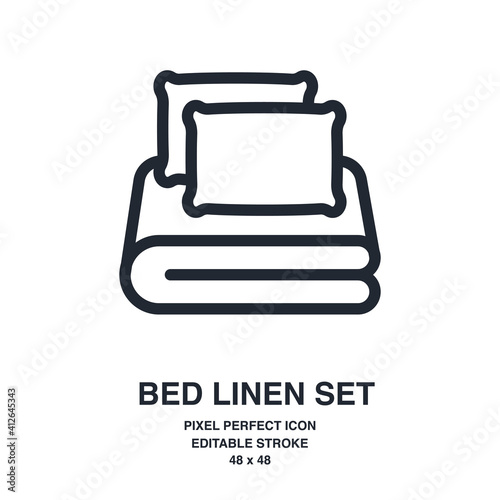 Bed linen set with pillows, bed sheet and duvet cover isolated on white background outline icon. Editable stroke. 48 x 48.