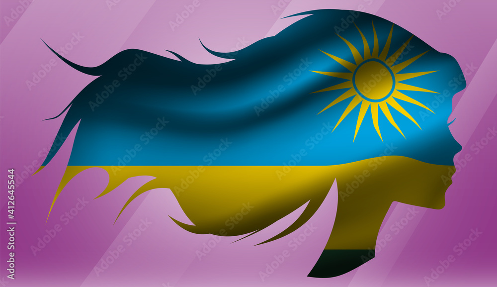Obraz premium Vector beautiful woman portrait silhouette with long flowing hair in national flag of Rwanda on pink background