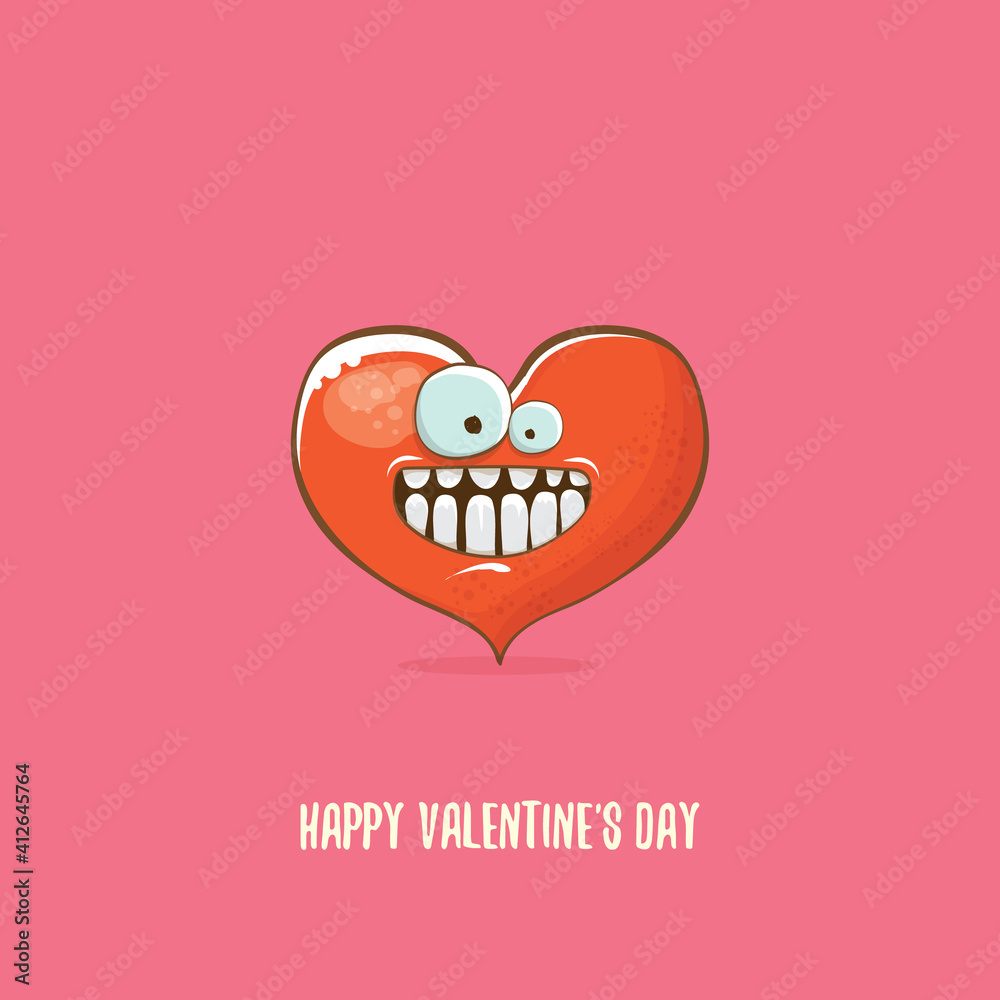 Vector Valentines day greeting card with funny cartoon heart character isolated on pink background. Conceptual valentines day comic funky kids poster or banner