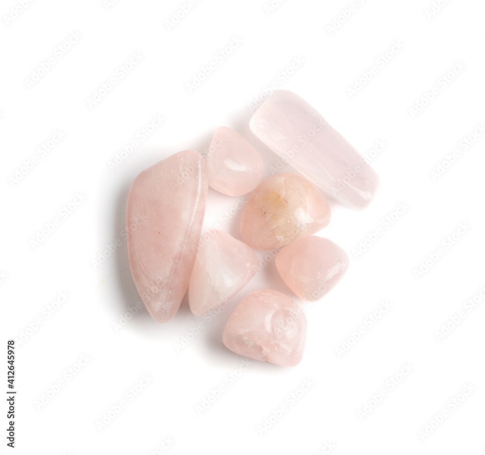 Rose quartz pebbles isolated, pink quartz polished stones Rose quartz pebbles isolated, pink quartz polished stones