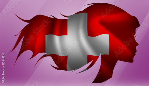 Vector beautiful woman portrait silhouette with long flowing hair in national flag of Switzerland on pink background