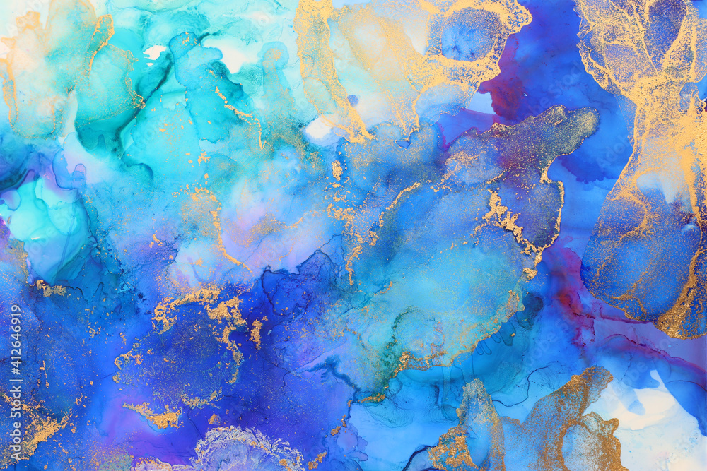 art photography of abstract fluid art painting with alcohol ink, blue and gold colors art photography of abstract fluid art painting with alcohol ink, blue and gold colors
