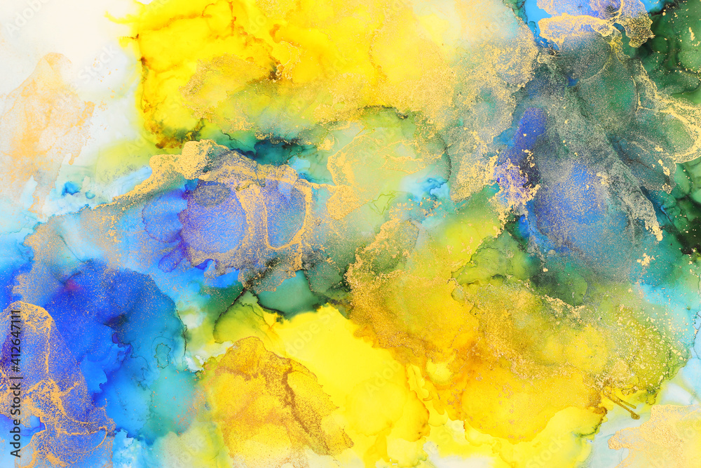 art photography of abstract fluid art painting with alcohol ink, blue, yellow and gold colors art photography of abstract fluid art painting with alcohol ink, blue, yellow and gold colors