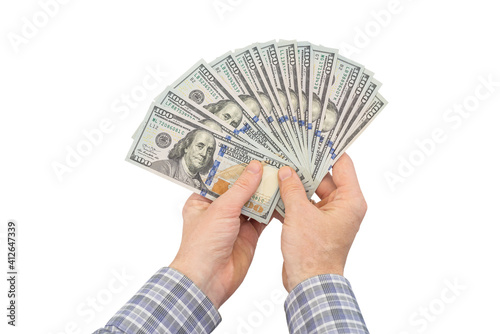 Hundred dollar bills in the hands of a businessman isolated on white
