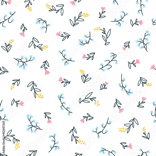 Floral seamless vector pattern with small flowers. Simple hand-drawn style. Motifs scattered liberty. Pretty ditsy for fabric, textile, wallpaper. Digital paper in white background.