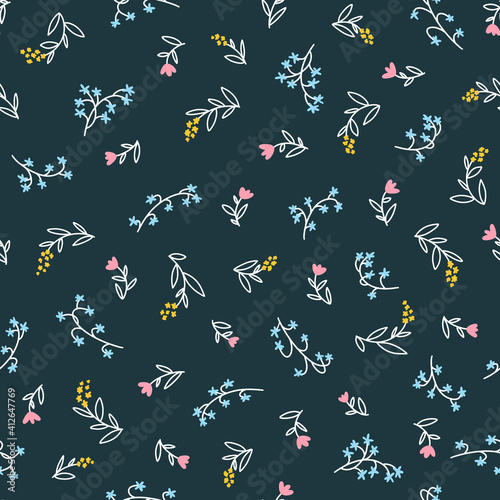 Floral seamless vector pattern with small flowers. Simple hand-drawn style. Motifs scattered liberty. Pretty ditsy background for fabric, textile, wallpaper. Digital paper in dark color.