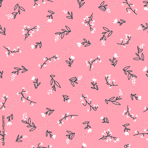 Floral seamless vector pattern with small flowers. Simple hand-drawn style. Motifs scattered liberty. Pretty ditsy for fabric  textile  wallpaper. Digital paper in pink background.
