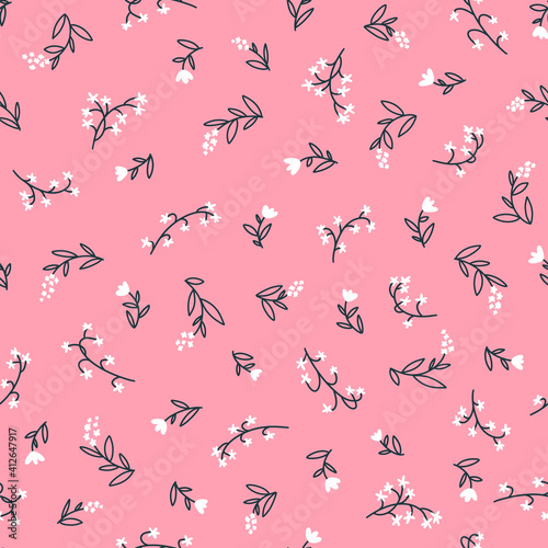 Floral seamless vector pattern with small flowers. Simple hand-drawn style. Motifs scattered liberty. Pretty ditsy for fabric, textile, wallpaper. Digital paper in pink background.